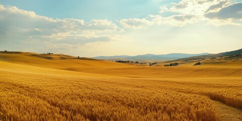 Fototapeta premium A picturesque landscape of golden wheat fields under a blue sky with soft clouds.