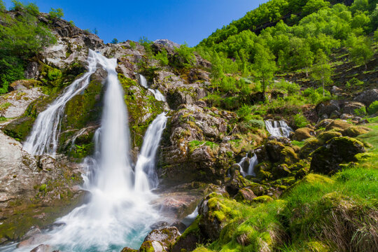 Water melting from the Briksdalsbreen glacier south of the small town of Olden in coastal Norway, Vestland, Norway