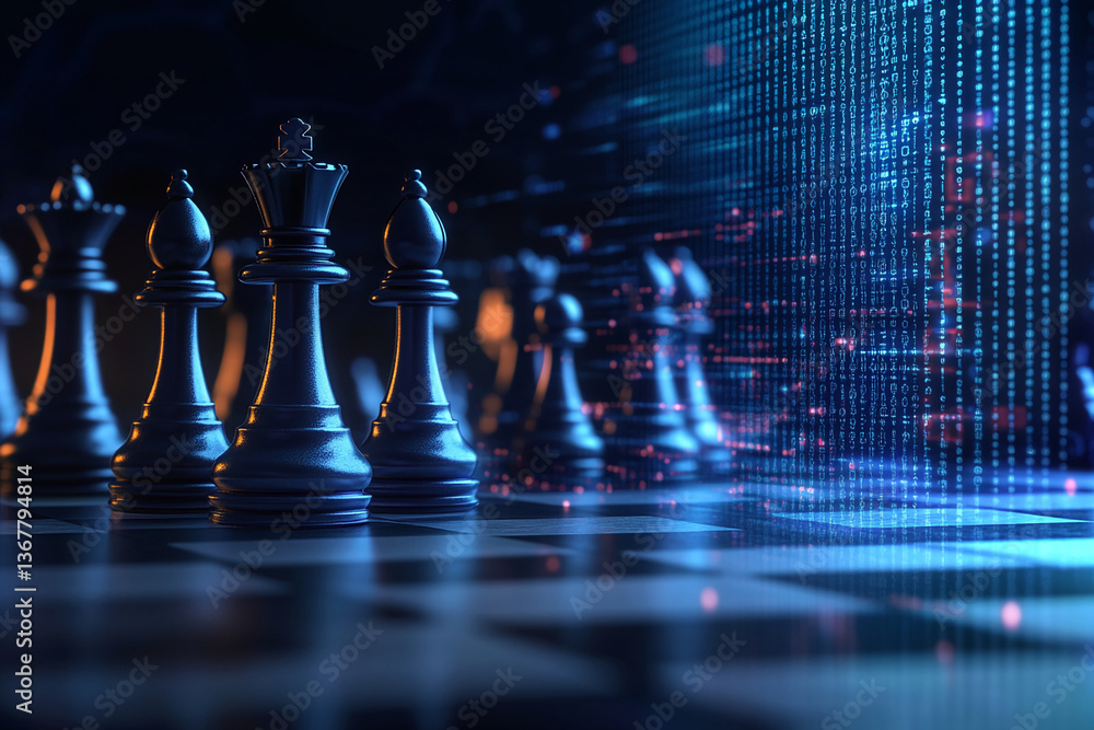 Poster dark metallic chess pieces on board, king and queen prominent, digital code backdrop symbolizing str