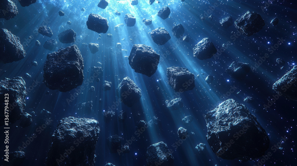 Poster mesmerizing cosmic scene featuring floating asteroids illuminated by beams of light, creating sense 