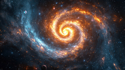 vibrant cosmic whirlpool showcases swirling orange and blue hues, evoking sense of wonder and mystery in vast universe. intricate details of galaxy captivate imagination