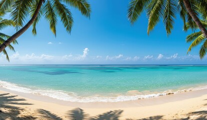 Fototapeta premium Tropical beach with turquoise water, palm trees under sunny sky. Ideal for summer vacation and leisure activities.
