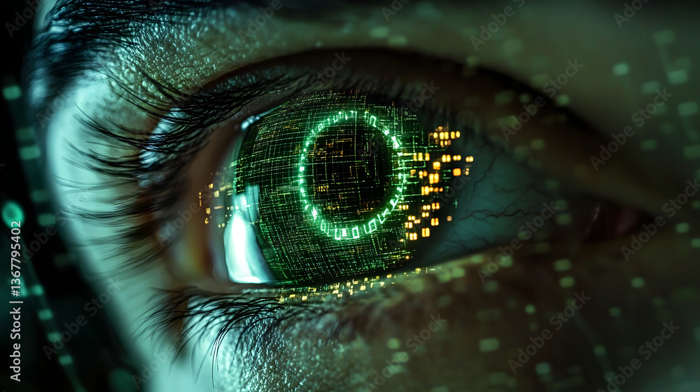 Aufkleber human eye close-up on green tech background, hacker face and digital data pattern. concept of cyber 