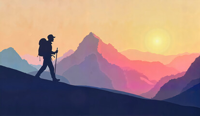 Hiker silhouette against a colorful sunset in a mountainous landscape