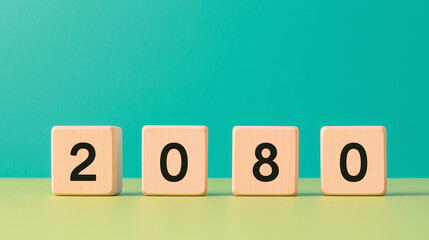 ミントグリーン背景に並ぶ2080の木製数字ブロック | 清潔感のある配色