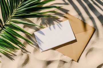 Blank Card and Envelope on Sandy Beach with Palm Frond Shadow