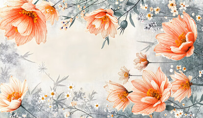 Beautiful floral background with colorful blossoms and empty copy space for design