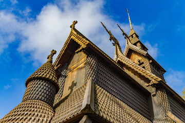View of a classic stave church preserved in the city of Oslo, Norway