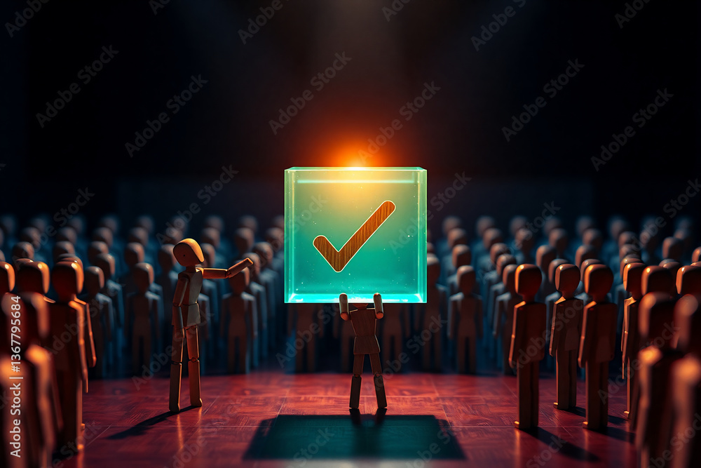 Poster a person presents a glowing checkmark display to a crowd. the box is illuminated, standing out again