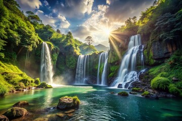 Fototapeta premium Majestic Waterfall Cascading Down Rocky Cliffs, Lush Green Landscape