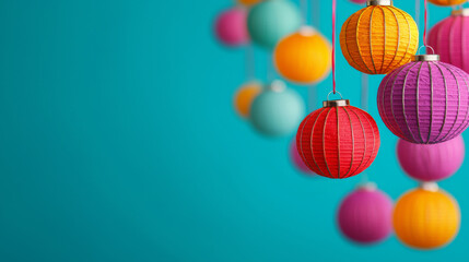 Colorful paper lanterns hang against vibrant turquoise background, creating festive and cheerful atmosphere