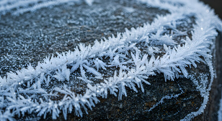 Intricate frost patterns adorning a textured rock surface in winter's embrace
