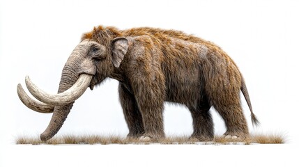 Obraz premium A majestic woolly mammoth in profile against a white background, showcasing its long tusks and shaggy fur.