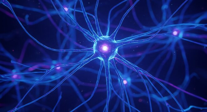 深青く輝く神経細胞、神秘的な光と複雑なネットワーク