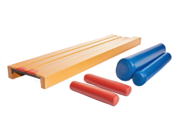 Wooden Balance Board with Red and Blue Rollers for Training isolated on transparent background. PNG