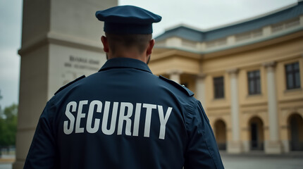 Obraz premium Security personnel monitors the surroundings at a historic building during an event in the city center
