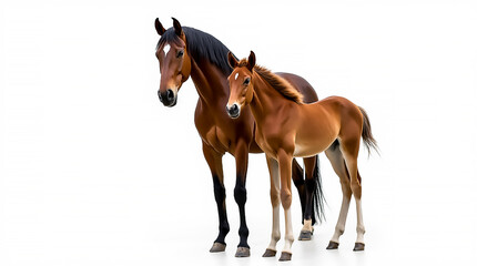Horses standing together in a studio setting showcasing a mother and her foal