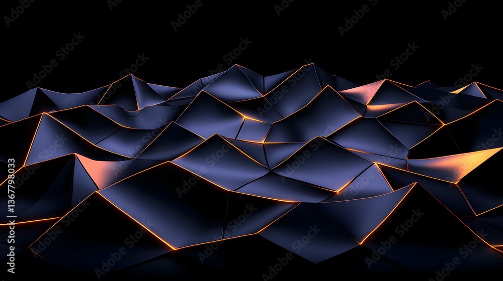 Poster the image contains an abstract rendering of a dark, almost black, low-poly landscape with orange glo