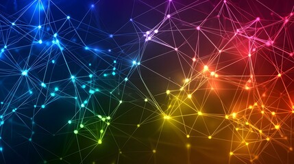 Fototapeta premium The image contains a complex network of interconnected nodes, rendered in a vibrant spectrum of colors ranging from blues and greens to oranges and reds, creating a visually striking and abstract rep