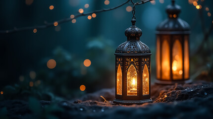 Lanterns glowing softly in a dark forest at twilight, creating a magical atmosphere with warm lights and shimmering bokeh effects