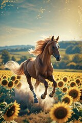 Obraz premium A stunning horse runs freely through a vibrant sunflower field as the sun sets. The evening light casts a warm glow, highlighting the horse's flowing mane in this tranquil countryside