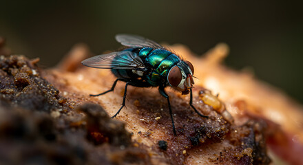 Iridescent green bottle fly close up on organic matter in a decaying process