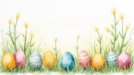 Colorful Easter eggs arranged amidst vibrant green grass and delicate yellow flowers in a spring setting
