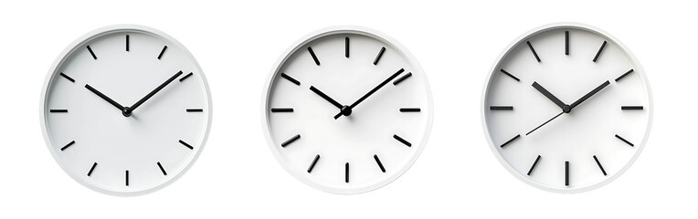 Collection of modern white analog clocks with black hands clean design isolated on a white or transparent background.