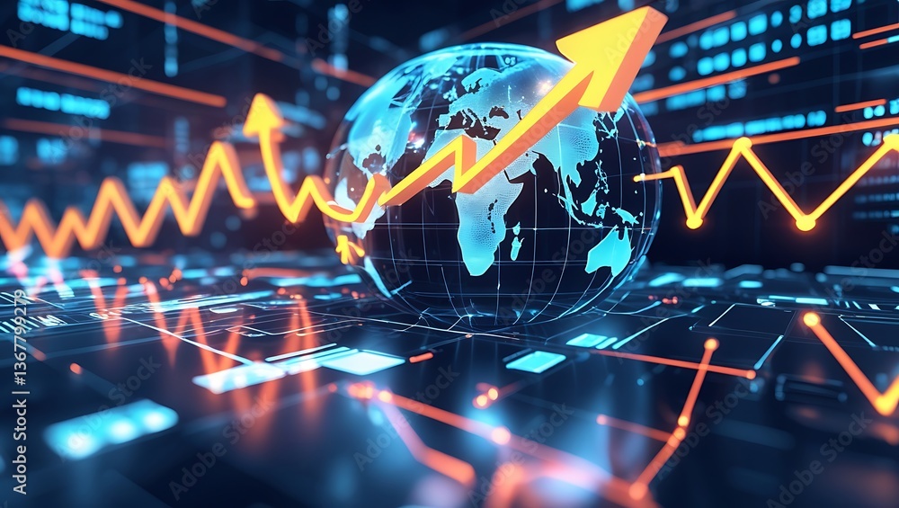 Poster global market growth: dynamic data visualization of a globe surrounded by glowing lines, graphs and 