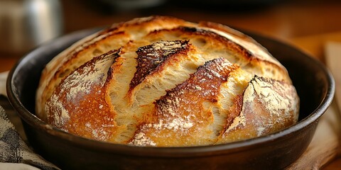 A freshly baked loaf of artisan bread in a dark pan