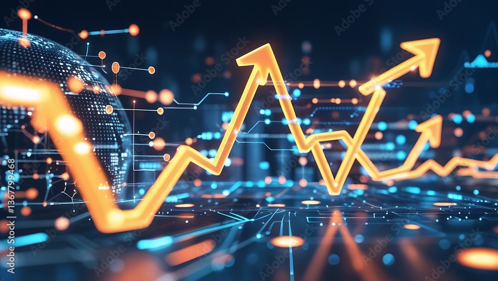 Poster ascending arrows: abstract representation of financial growth and progress, depicting rising arrows 