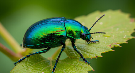 Naklejka premium Iridescent Vine Beetle Posing Elegantly on Verdant Grapevine Leaf in Close-Up View