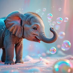 Obraz premium A playful young elephant interacts with floating bubbles in a dreamy environment filled with soft colors. The scene captures the essence of innocence and enchantment, highlighting the elephant's joy