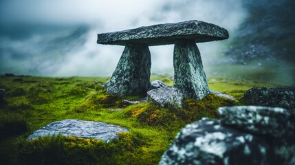 Ancient stone structure stands amidst foggy hills in a remote landscape during early morning light