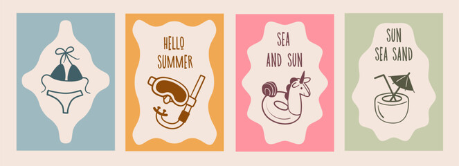 Hand-drawn doodle postcard set with beach vacation items and text like Hello Summer, including bikini, snorkel gear, float, and drink, perfect for summer decor and tropical themes