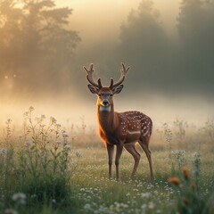 Obraz premium A majestic deer with antlers stands gracefully in a fog-covered meadow at dusk. Sunlight filters through trees, illuminating wildflowers. This serene moment captures nature's beauty