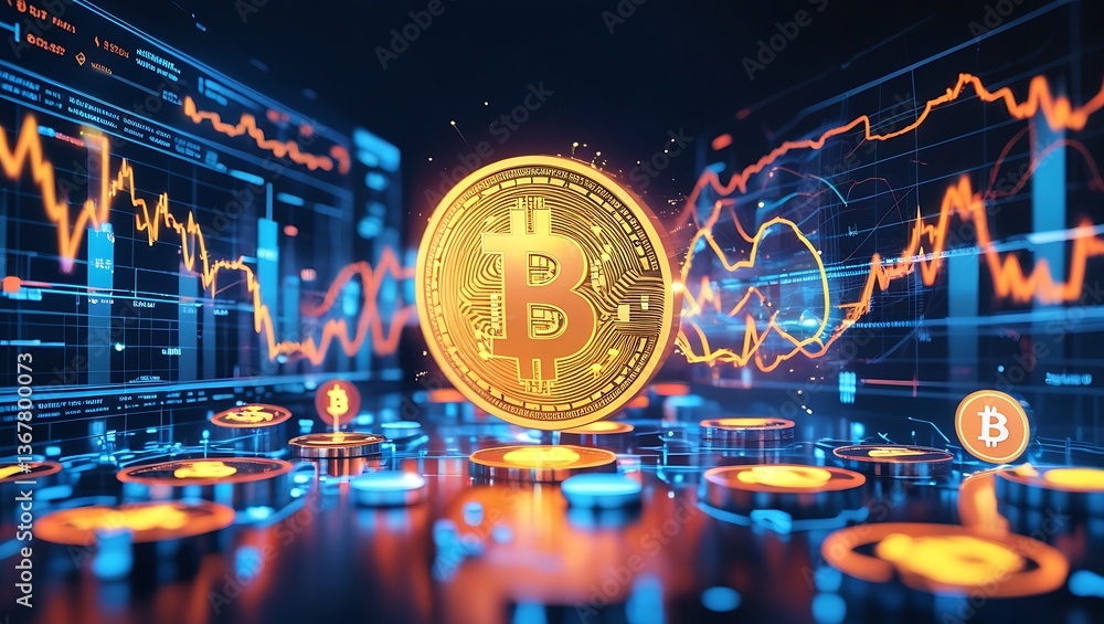 Poster bitcoin's digital realm: a visually compelling digital representation showcasing the bitcoin with an