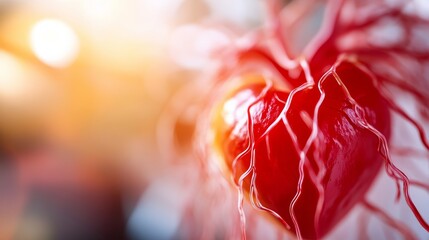 A close-up of a glowing human heart model highlights intricate veins and arteries illuminated in deep red, symbolizing vitality and the essence of medical science