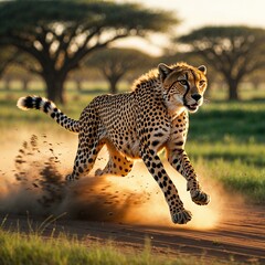 Obraz premium A swift cheetah races across the dusty trail in the savanna, surrounded by acacia trees and tall grass during a stunning golden hour of late afternoon