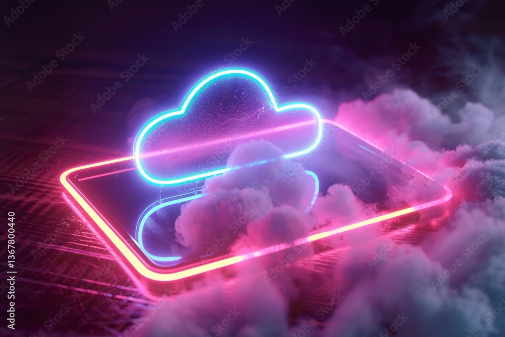 Aufkleber Futuristic server platform with a glowing neon cloud computing symbol and colorful smoke, representing the future of data storage and processing