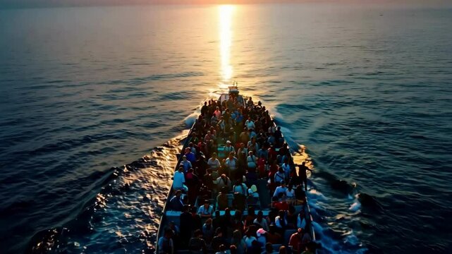 A large number of refugees on a boat trying to flee to a country across the river. Light moonlight reflects on the sea. 