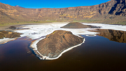 Aerial of the Trou du Natron volcanic crater and its natron lakes, Tibesti Mountains