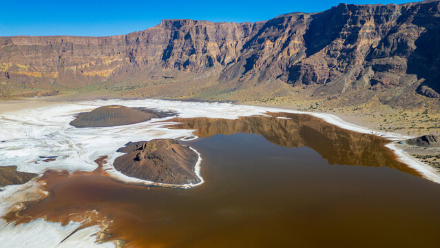 Aerial of the Trou du Natron volcanic crater and its natron lakes, Tibesti Mountains