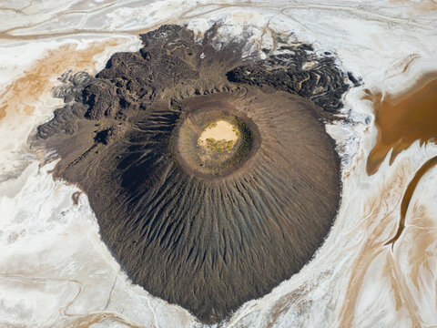 Aerial of the Trou du Natron volcanic crater and its natron lakes, Tibesti Mountains