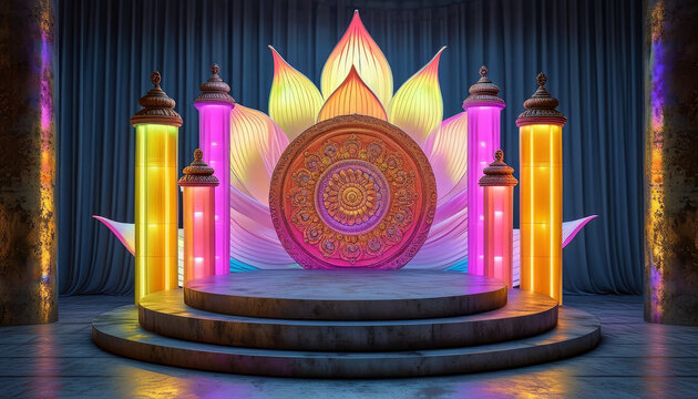 Navaratri product display background podium, Navadurga Lightscape, metal and acrylic, Navadurga goddesses, illuminated lotus design, spiritual meaning, ad, podium platform, product presentation space