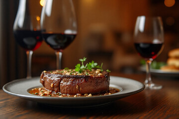 A delicious steak is plated with sauce and parsley, accompanied by red wine glasses in a warm restaurant setting.