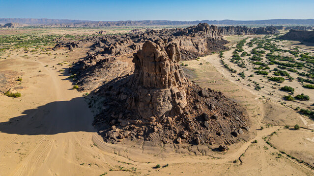 Aerial of the rocky mountains around Zouar, Tibesti Mountains