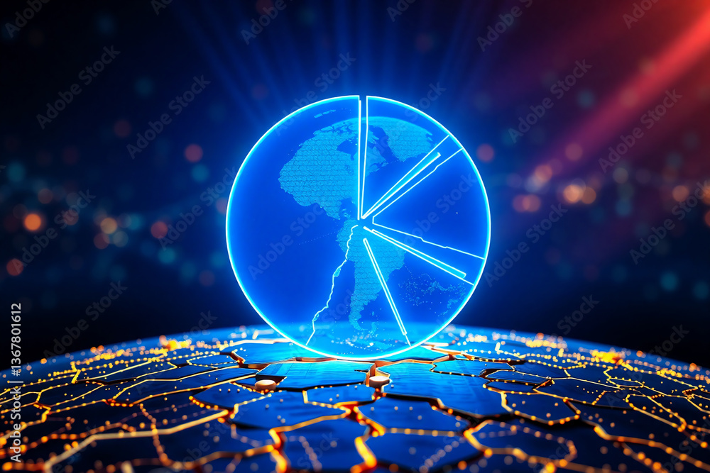 Poster a glowing blue globe with a pie chart overlay sits on a futuristic circuit board surface against a b