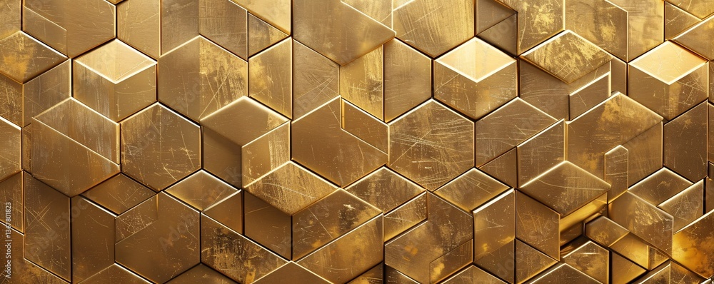 Poster luxurious and modern design: seamless pattern of gold hexagons with a scratched surface on abstract 