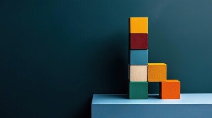 Stack of colorful wooden blocks on a blue surface against a dark blue background.